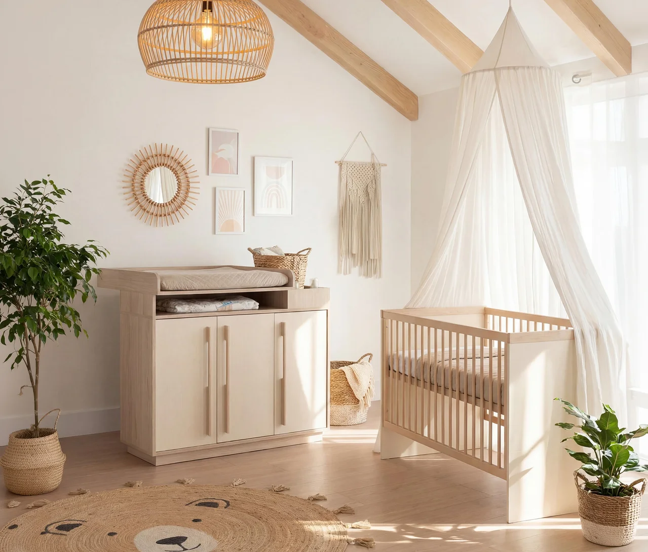 Helles Babyzimmer mit Wickelkommode, Gitterbett mit Baldachin, einem runden Bären-Teppich und Pflanzen in Korbtöpfen. Eine Rattanlampe hängt von der Decke.