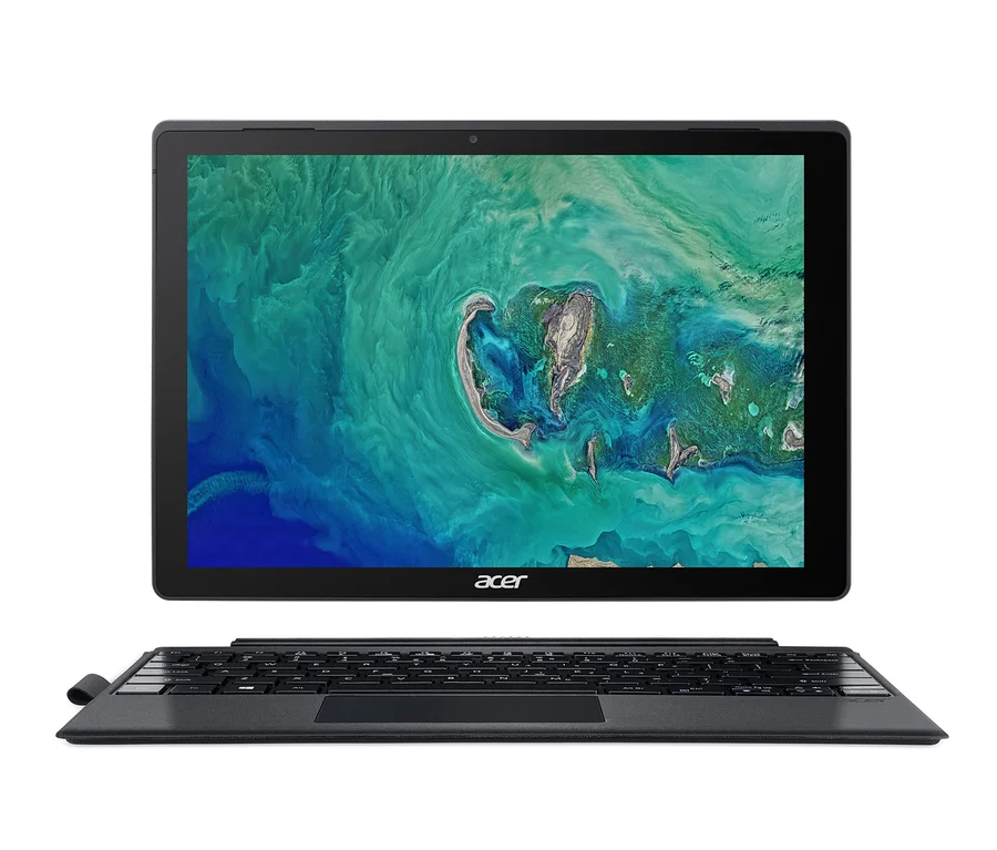 Schwarzes Acer-Switch-5-2-in-1-Tablet mit angeschlossener Tastatur und abstraktem Hintergrund.