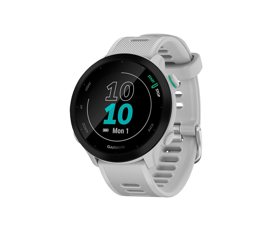 Die weiße GARMIN Forerunner 55 mit schwarzem Display zeigt die Uhrzeit 10:10.