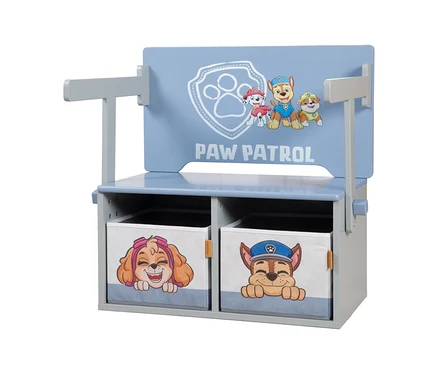 Helles blaues Regal mit Paw Patrol-Motiven und zwei Aufbewahrungsboxen mit Skye und Chase.