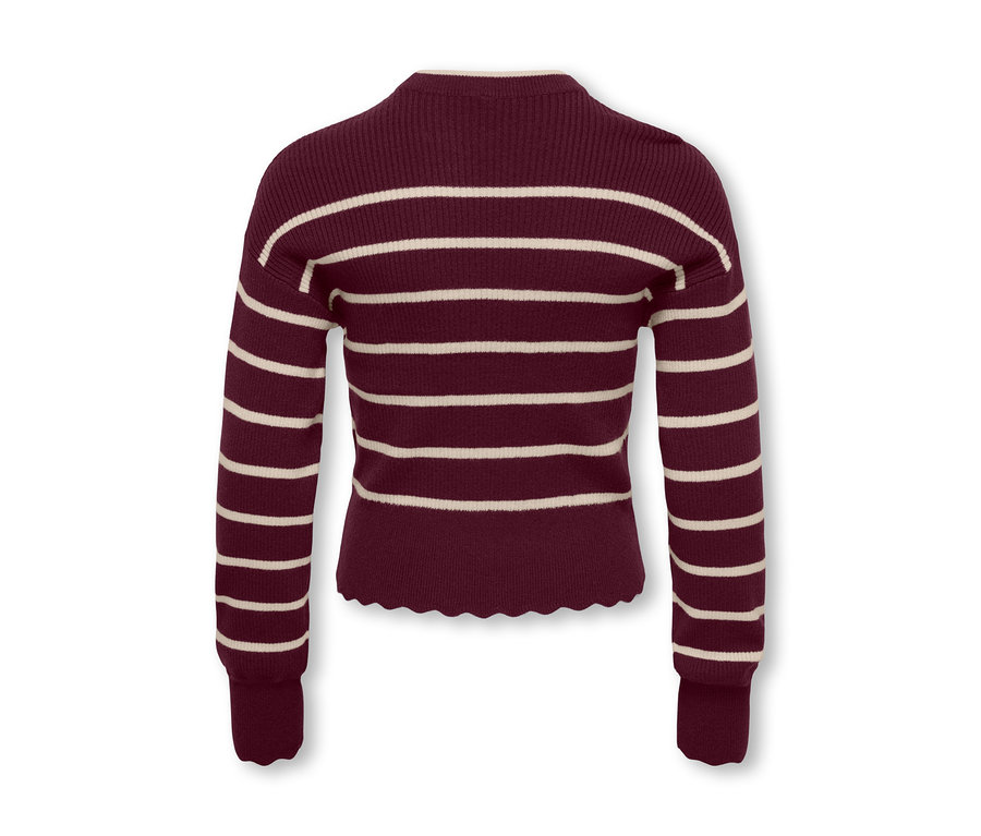 Rückansicht eines bordeauxroten Langarmpullovers mit cremefarbenen Querstreifen und gewelltem Saum.