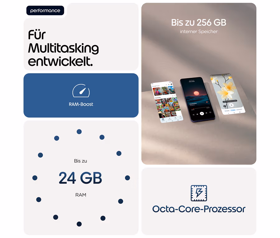 Drei Telefone des Motorola moto g17 LTE 128GB Evening blue liegen auf einer Oberfläche und zeigen verschiedene Apps.