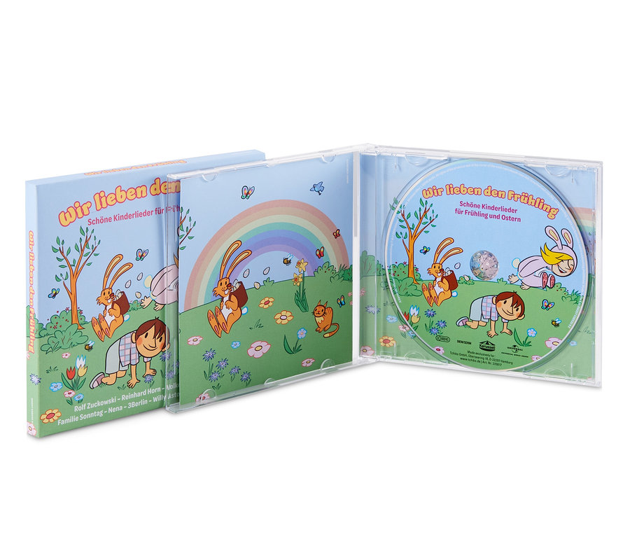 Cover und CD »Wir lieben den Frühling« mit gezeichneten Bildern von Kindern und Tieren auf einer Wiese.