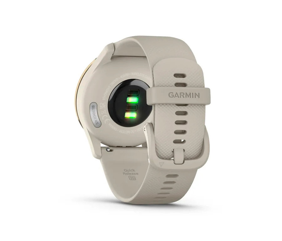 Detailansicht der Rückseite einer cremefarbenen goldenen GARMIN vivomove Trend.
