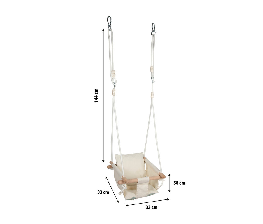 small foot Babyschaukel Komfort mit beigem Stoffbezug, Holzbügeln und weißen Seilen. Die Schaukel ist 144 cm hoch, der Sitz 33x33 cm und die Sitzkonstruktion 58 cm hoch.