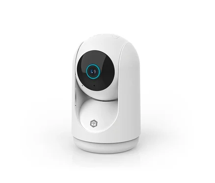 Weiße Überwachungskamera mit runder Basis und schwarzem Objektiv mit blauem Ring, einem Haus- und WLAN-Symbol auf der Vorderseite.
