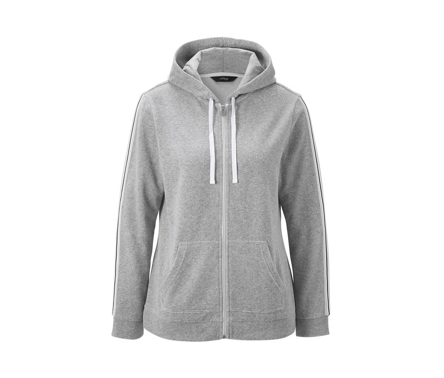 Graue Loungewear-Jacke mit Reißverschluss und Kapuze.