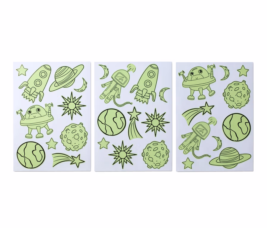Drei Bögen Wandsticker »Leuchtendes Weltall« mit Weltraummotiven.