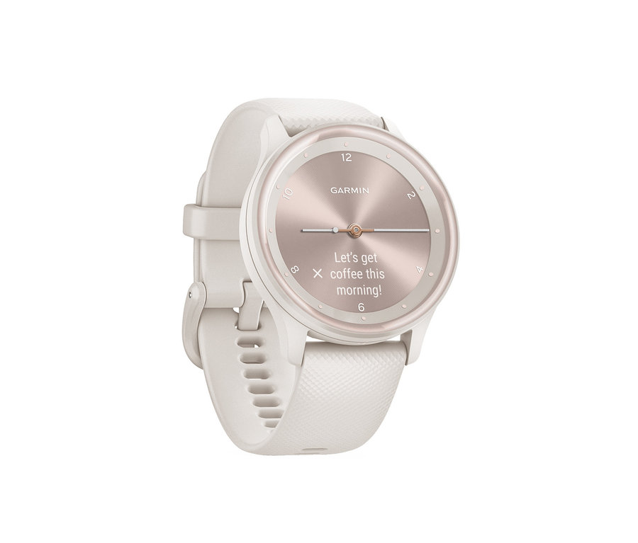 Nahaufnahme einer elfenbeinfarbenen Smartwatch der Marke Garmin mit perlgoldfarbenem Zifferblatt und weißem Armband.