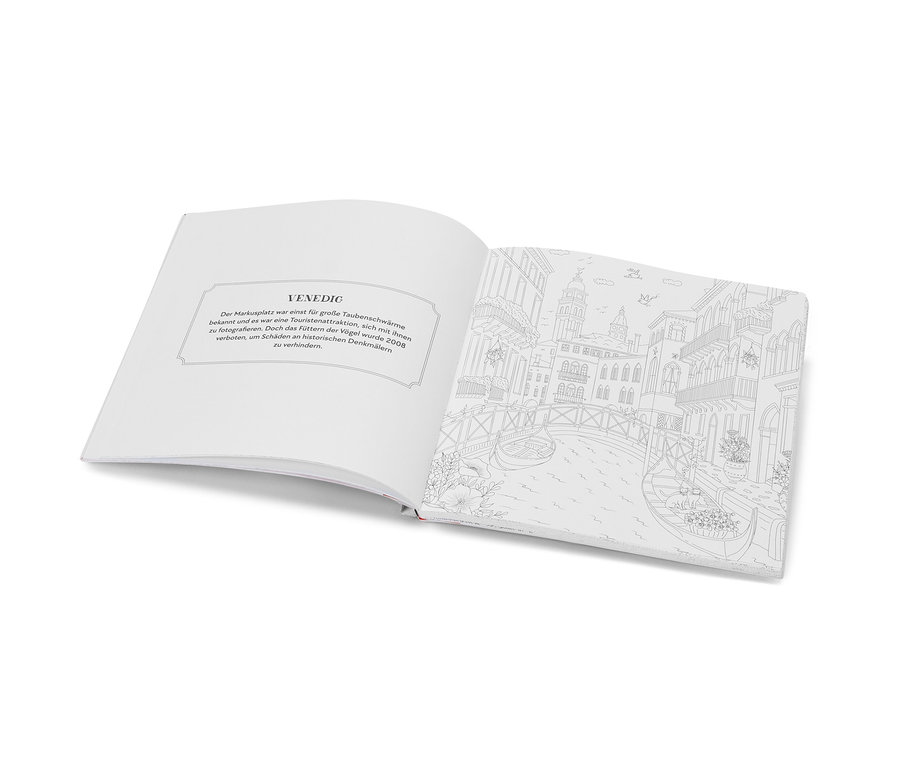 Aufgeschlagenes Buch »Reise durch Europa – Ausmalen und Entspannen« mit einer Venedig-Illustration.
