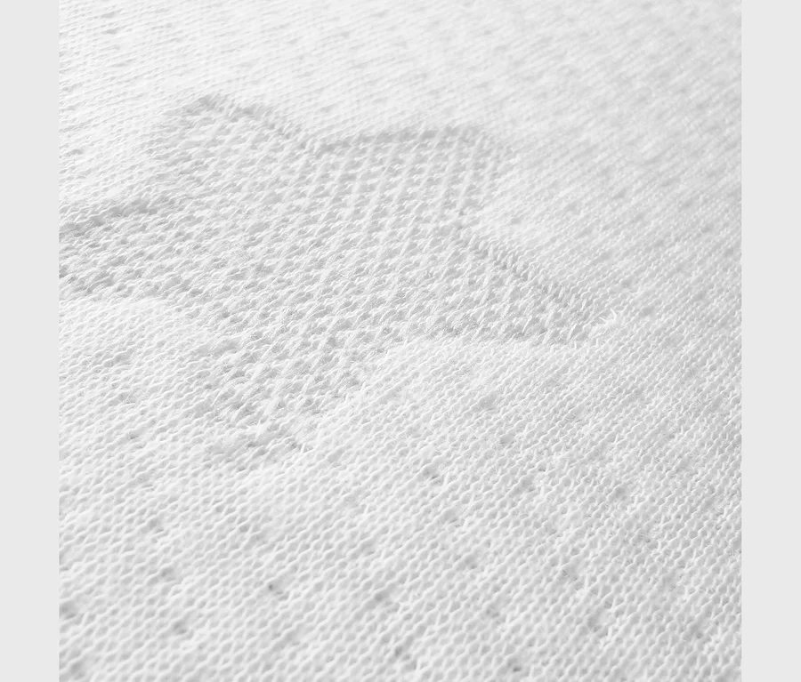 Nahaufnahme eines weißen, gestrickten Stoffes mit einem subtilen, erhabenen Muster, das sich in der Textur abhebt.
