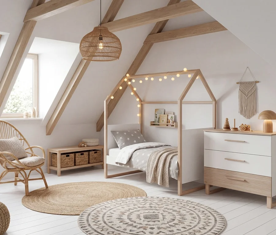 Kinderzimmer im Dachgeschoss mit schrägen Wänden, Holzbalken und einem Hausbett mit Lichterkette. Ein Rattansessel, eine Kommode mit Pilzlampe und zwei runde Teppiche sind ebenfalls zu sehen.