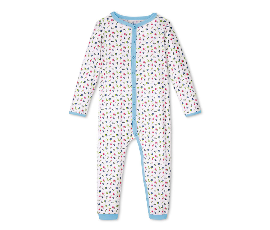 Weißer Schlafanzug mit Muster und blauen Bündchen, 2 Stück.