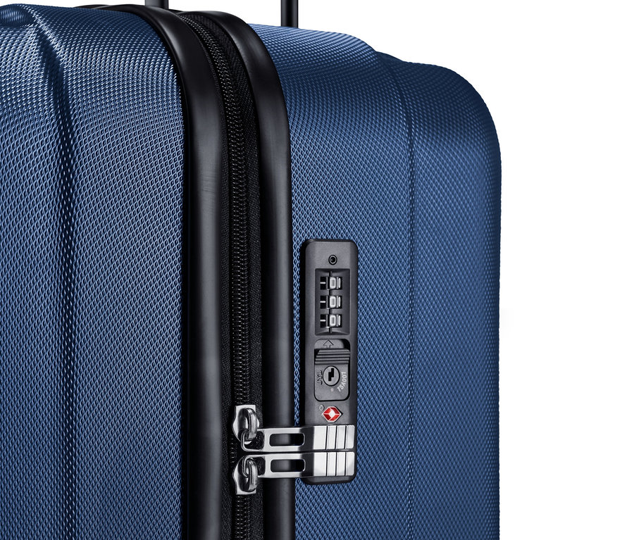 Detailansicht eines blauen Hartschalenkoffers aus dem Hartschalenkoffer-Set, groß und klein, mit Reißverschluss und Schloss.