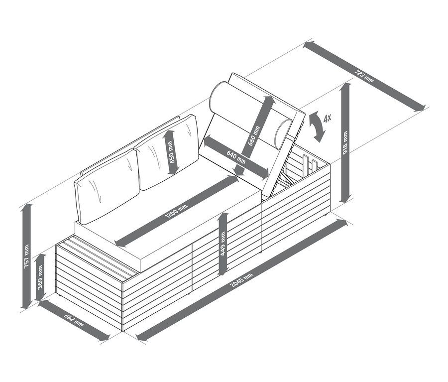 Eine Skizze des 2-in-1-Gartensofas mit Abmessungen.