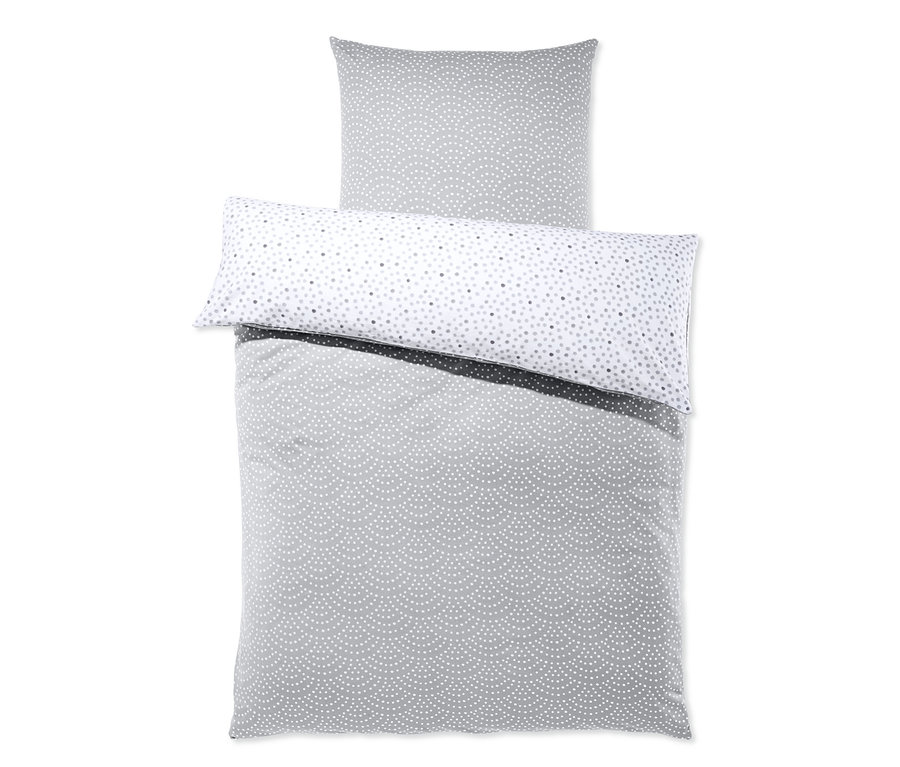 Jersey-Wendebettwäsche in Normalgröße mit grauem Muster auf der einen und weißem Muster auf der anderen Seite.