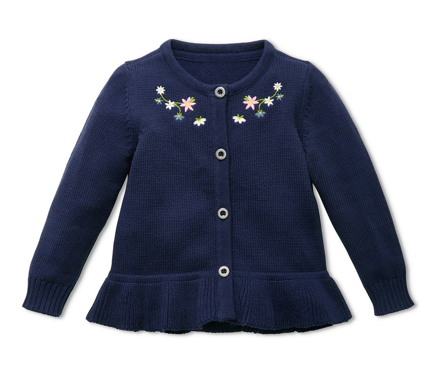 Marineblaue Strickjacke mit Blumenstickerei und Rüschensaum.