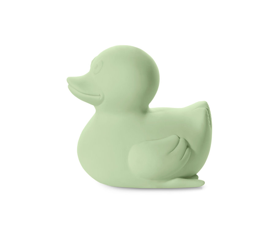 Kleine, grüne Badeente auf weißem Hintergrund.