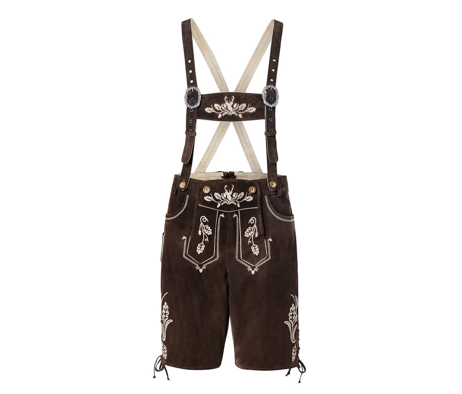 Trachten-Lederhose in Braun mit Stickereien und Hosenträgern.