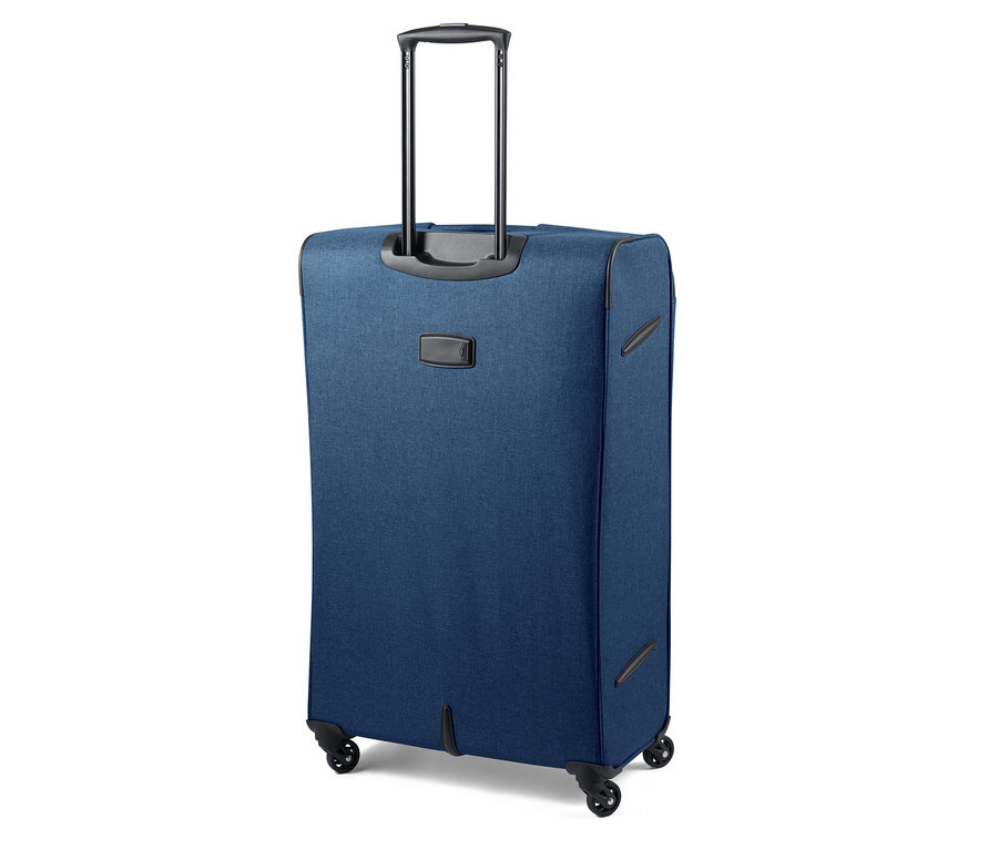 Ein großer, blauer Leichtgewicht-Textilkoffer mit Teleskopgriff.