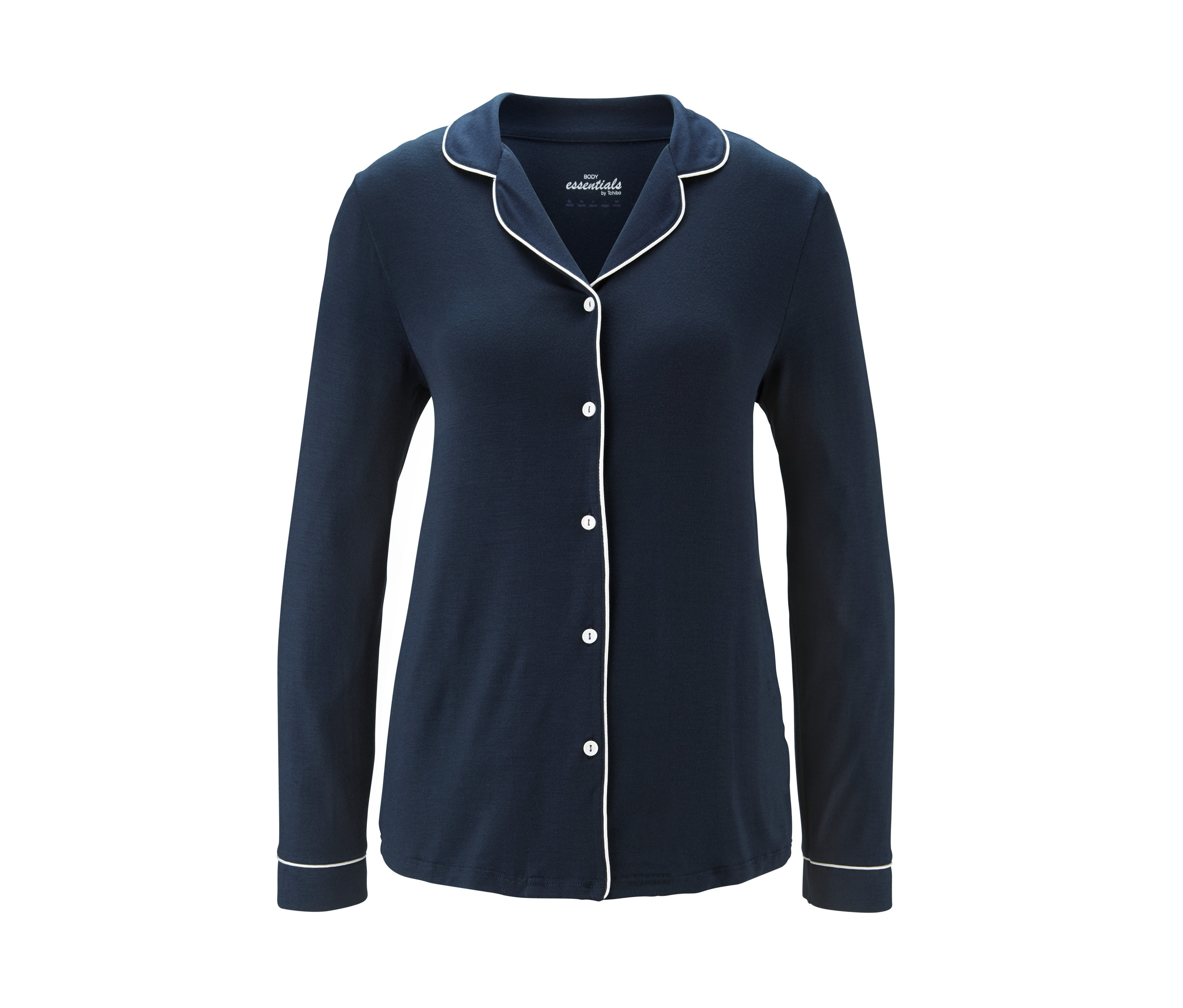 Marineblauer Pyjama mit weißen Paspeln und Knöpfen.