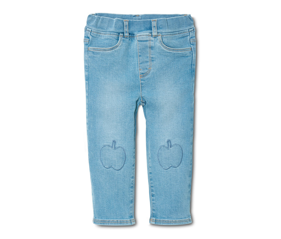Helle Schlupf-Denim mit Apfel-Applikationen.