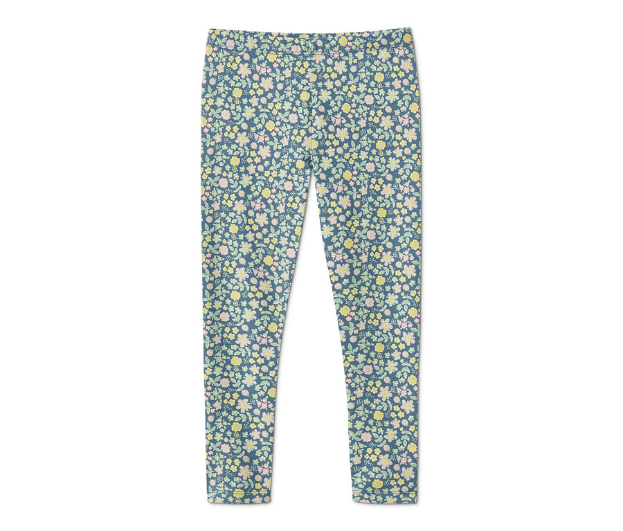 2 Leggings, Alloverprint mit Blumenmuster auf blauem Grund.