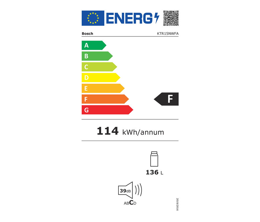 Energielabel des Bosch Mini-Kühlschranks »KTR15NWFA«, Klasse F, 114 kWh/Jahr, 136 Liter.