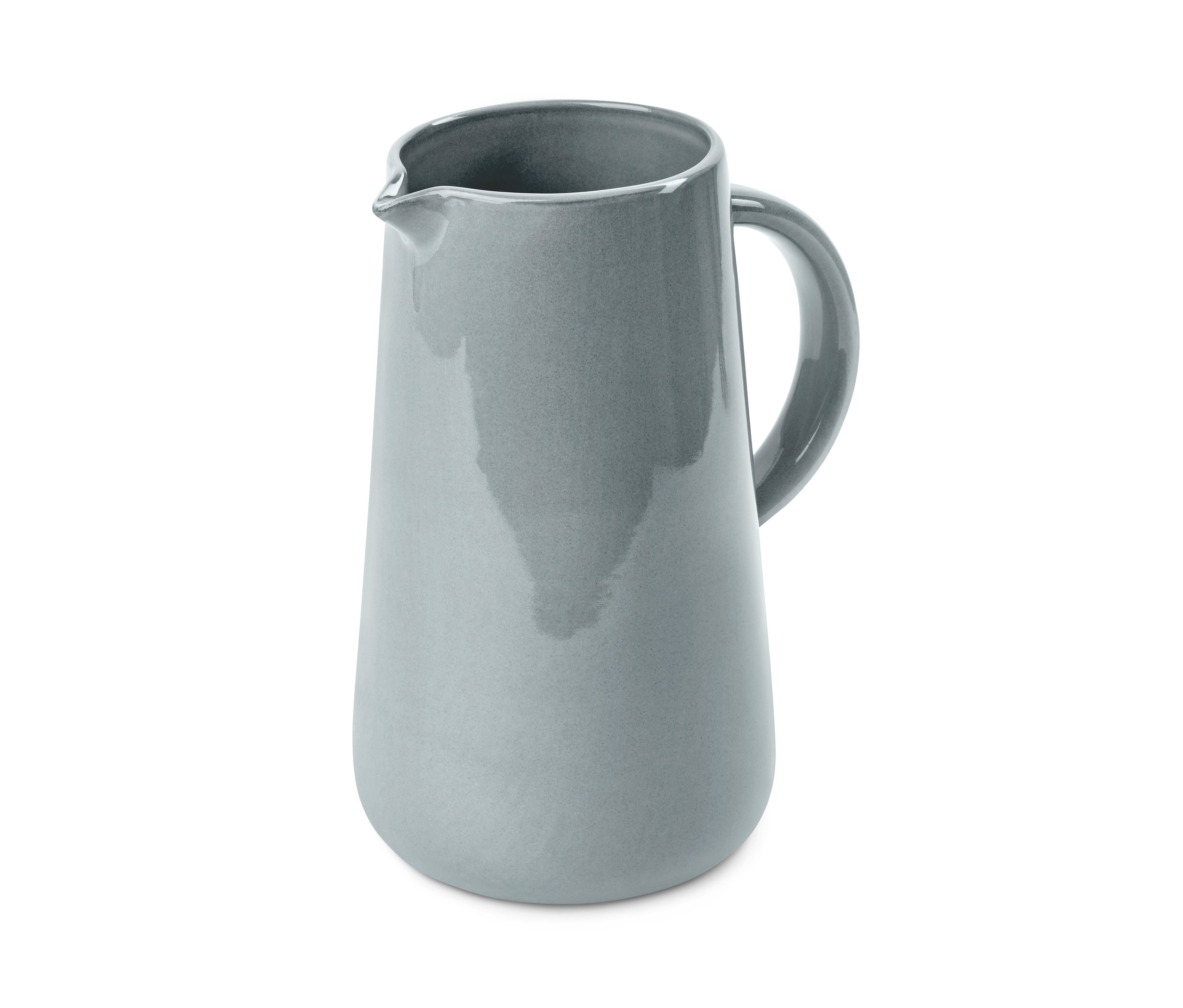 Grauer Krug mit Griff und Ausguss.