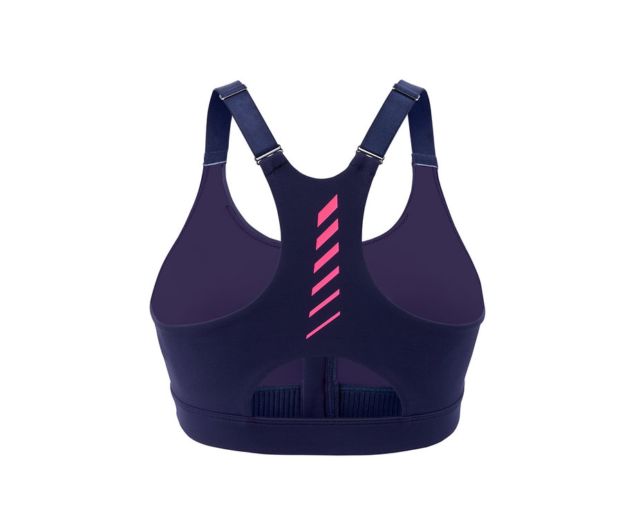 Rückansicht eines marineblauen Sport-BHs mit Frontreißverschluss und pinkfarbenen Streifen auf der Rückseite.