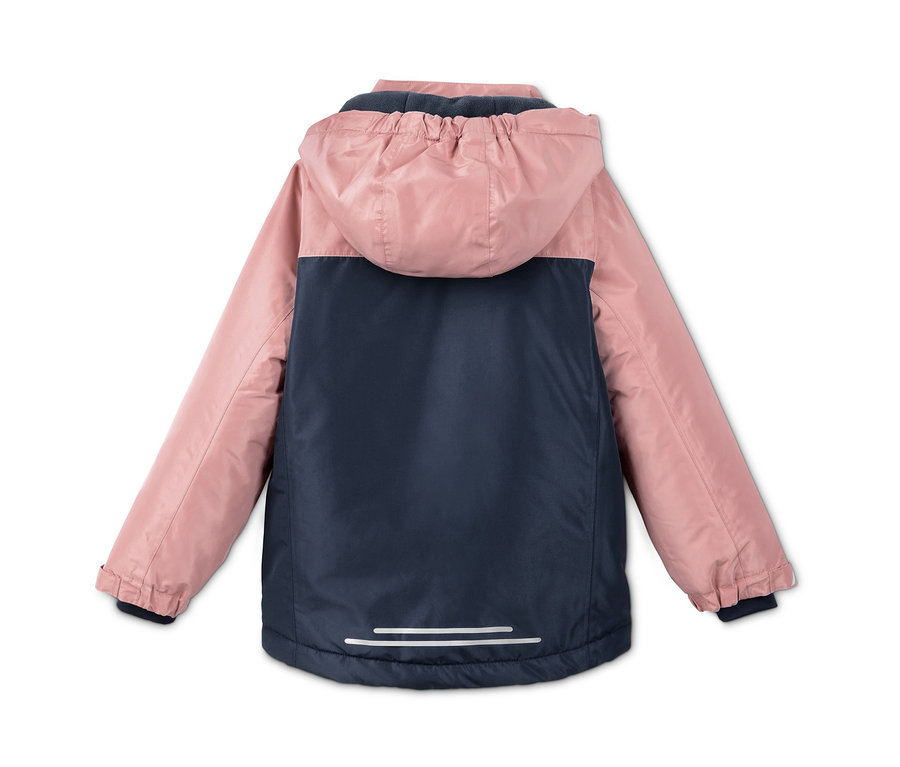 Rückansicht einer rosa- und dunkelblauen Mädchen-Skijacke mit Kapuze.