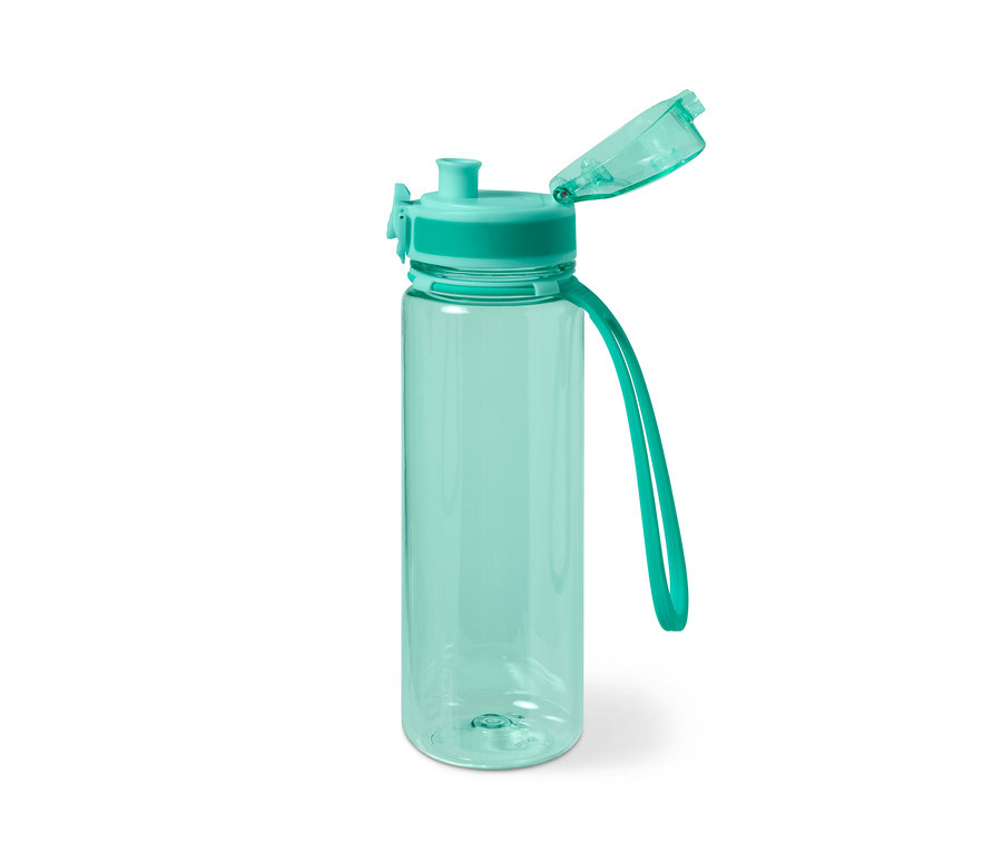Eine durchsichtige, türkisfarbene Trinkflasche mit offenem Deckel.