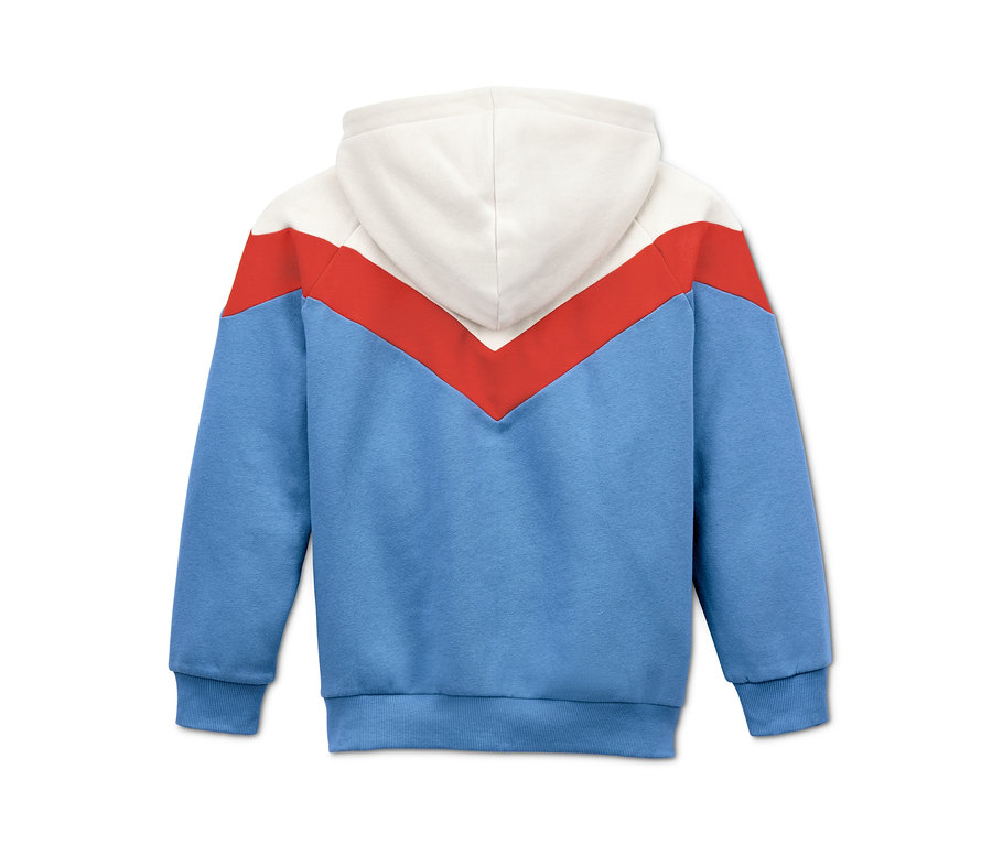 Rückansicht einer blauen Sweatjacke mit roten und weißen V-förmigen Streifen.