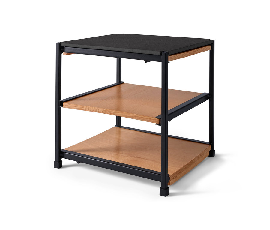 Etagere mit ausziehbaren Platten und schwarzem Rahmen.
