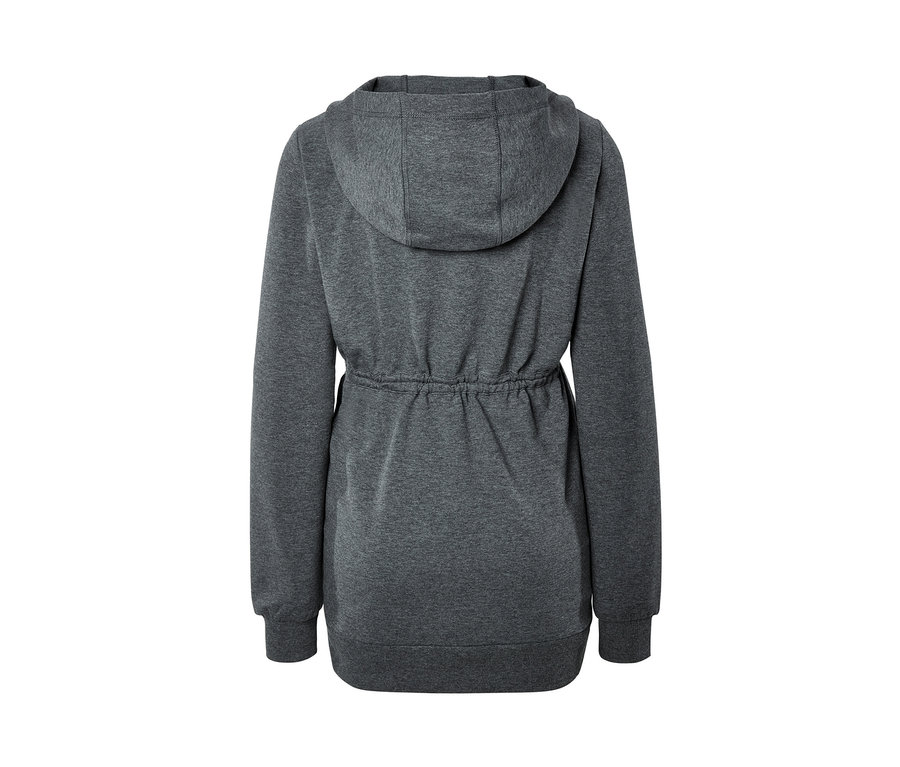 Rückansicht einer Umstands-Sportjacke mit Kordelzug in der Taille und Kapuze.