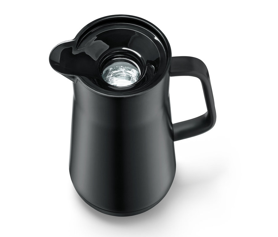 Eine schwarze Isolierkanne, 1l, mit offenem Deckel.