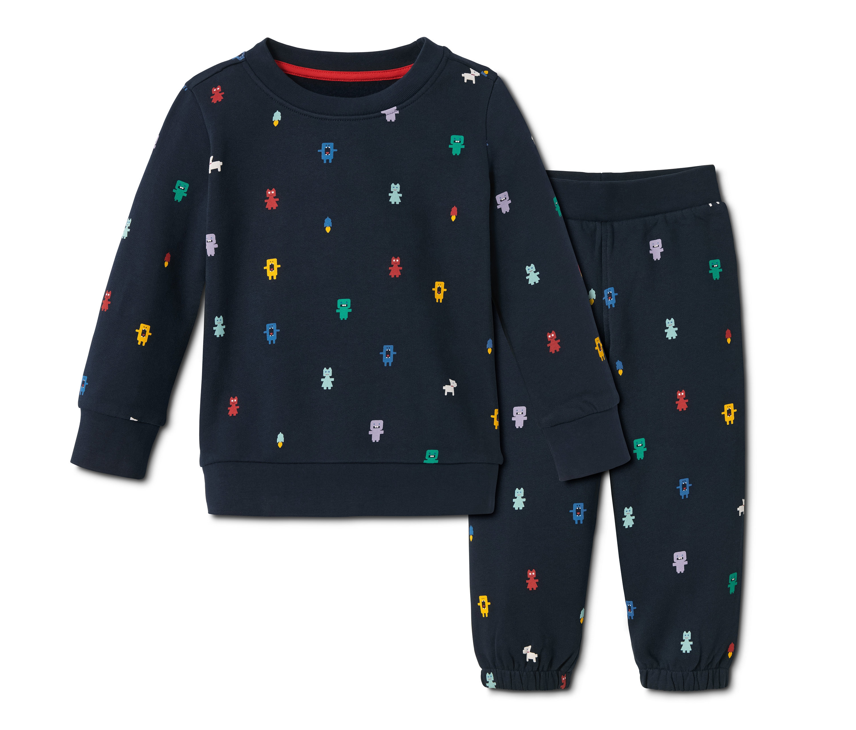 Ein marineblauer Sweatkombi mit bunten Mustern.