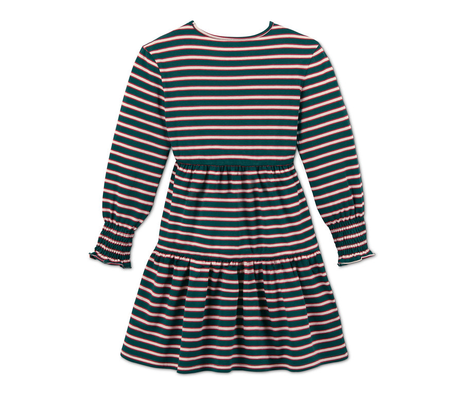 Langärmliges Jerseykleid mit dunkelgrünen und rosafarbenen horizontalen Streifen.