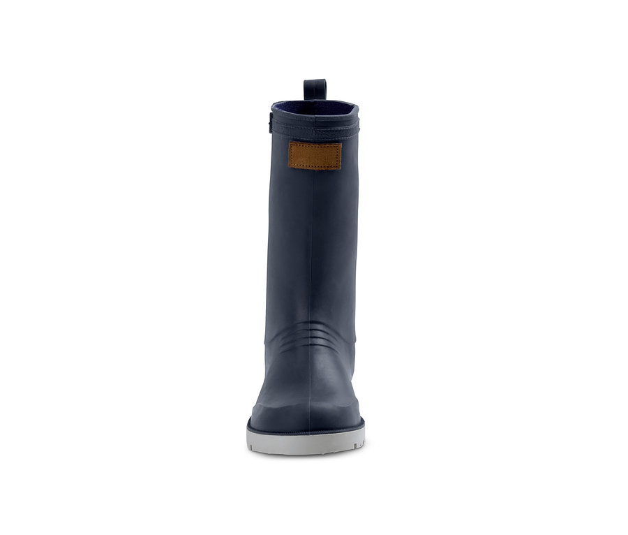 Ein einzelner blauer Gummistiefel.