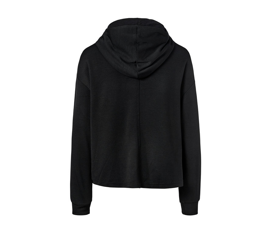 Rückansicht eines schwarzen Hausanzugs mit Kapuze.