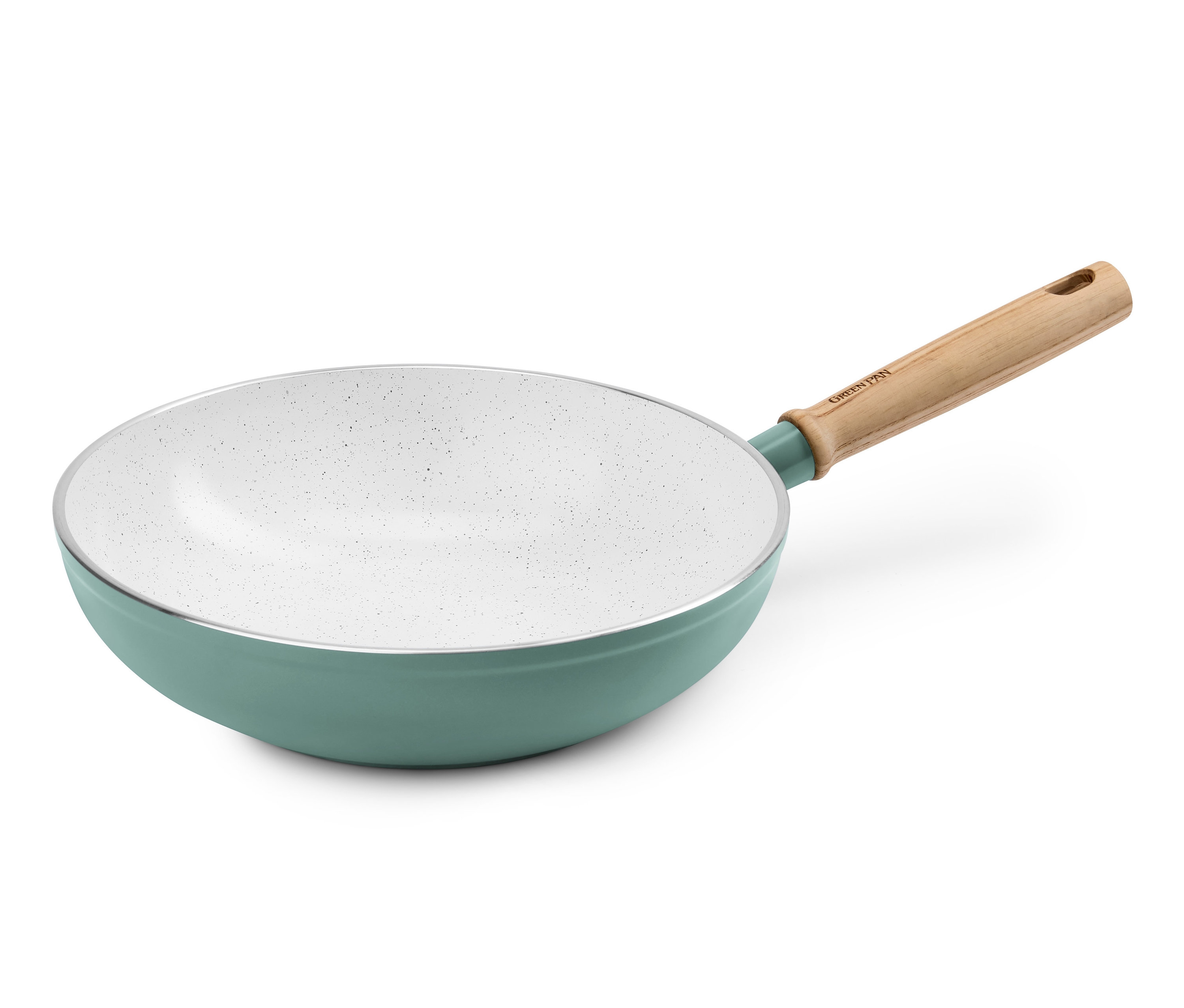 Eine grüne Greenpan-Mayflower-Wok Pfanne mit Holzgriff.
