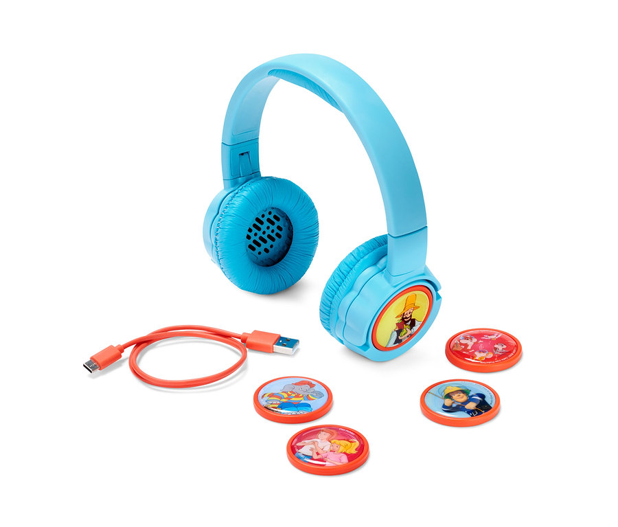 Blaues Kekz-Starterset Drix mit fünf Audiochips und orangefarbenem Ladekabel.