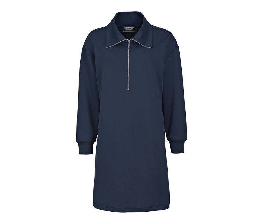 Ein marineblaues Sweatkleid mit langen Ärmeln und silbernem Reißverschluss.
