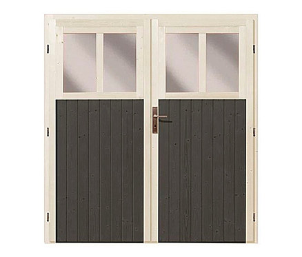 Graue Karibu Anlehn-Gerätehaus Doppeltür, 19 mm, mit Fenstern im oberen Bereich.