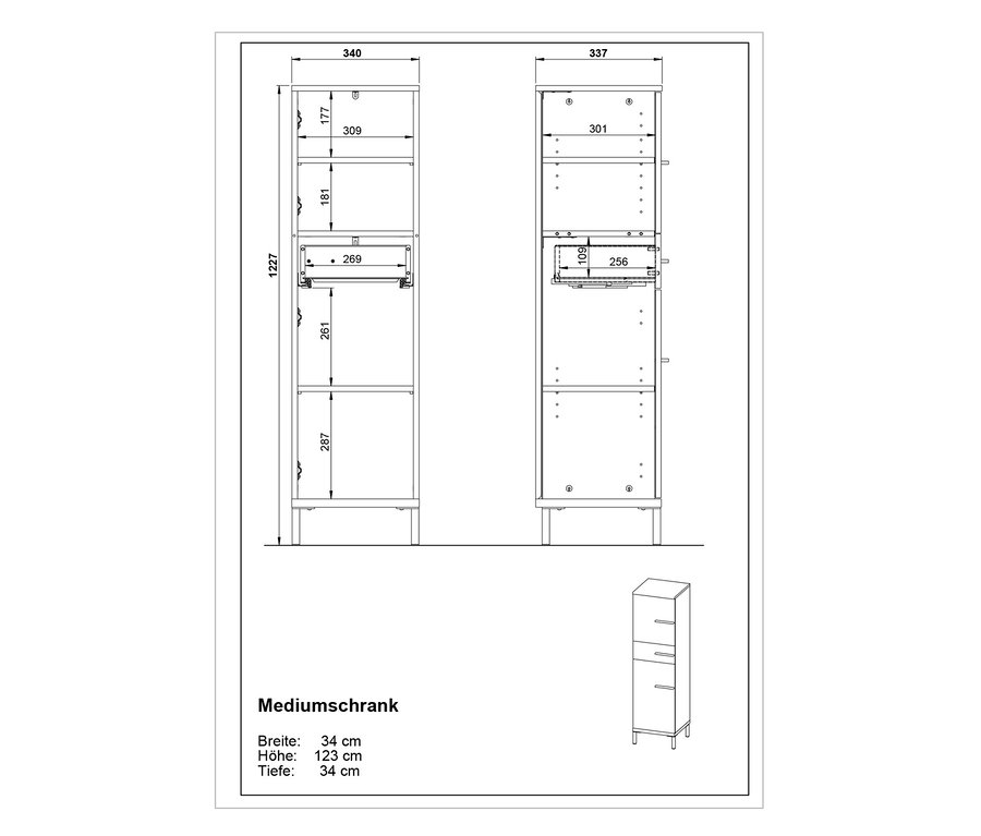 Technische Zeichnung eines graphitfarbenen Mediumschranks »Yonkers« mit Bemaßung.