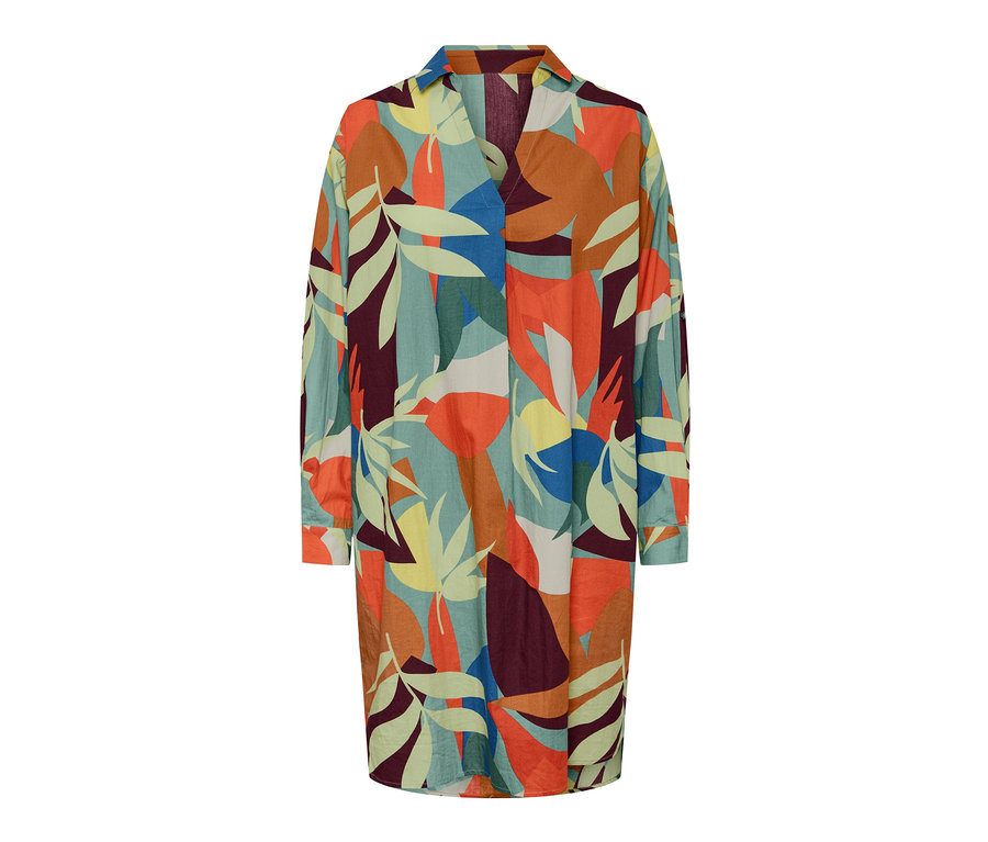 Ein Blusenkleid mit Print, langen Ärmeln und Allover-Blattmuster.