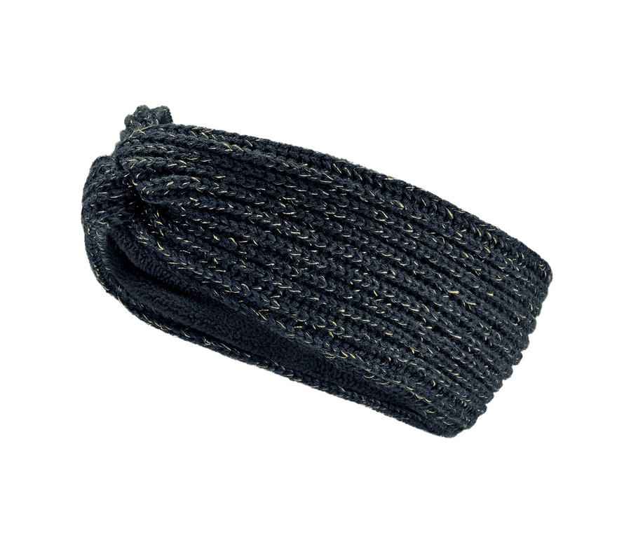 Ein Kinder-Strickstirnband in Schwarz und Gold.