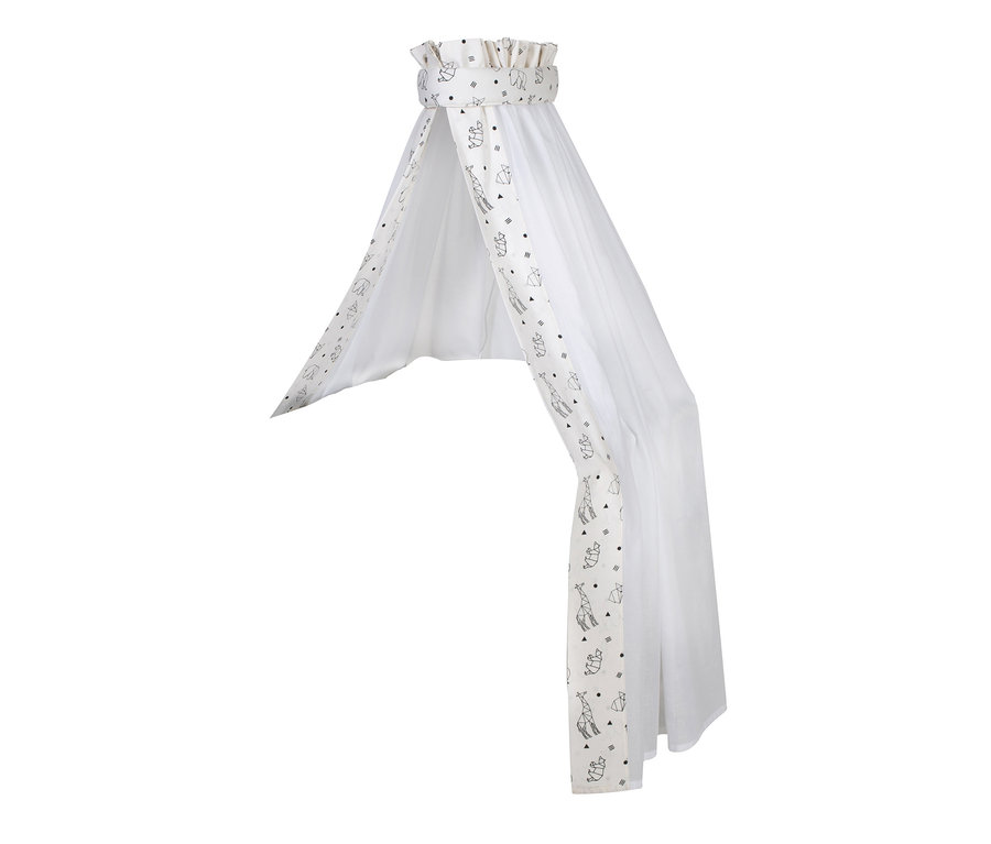 Weißer Betthimmel mit schwarzen Tiermotiven.