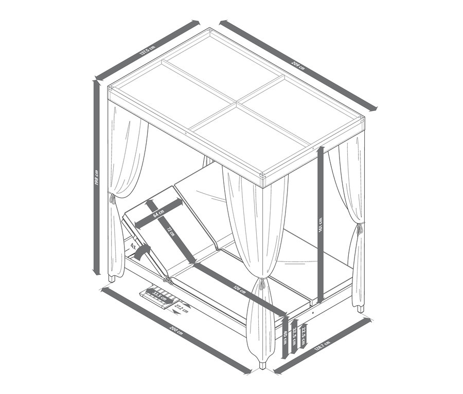 Eine Skizze von einem Outdoor-Himmelbett mit Abmessungen.