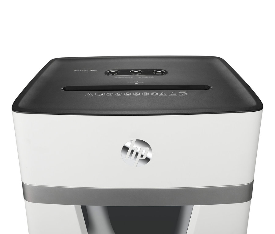 Nahaufnahme eines HP OneShred 10MC Aktenvernichters mit weißem Gehäuse und schwarzem Oberteil.